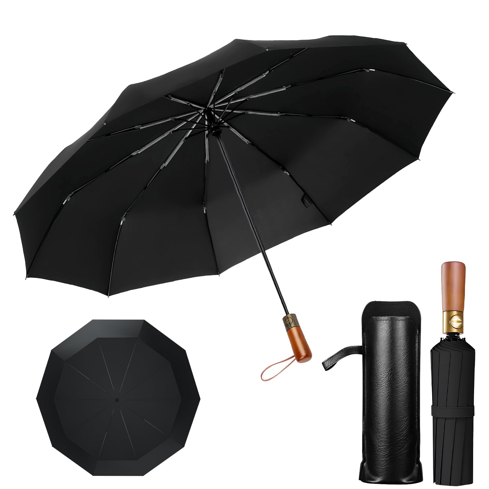 

British 10 Folding Umbrella with Natural Wood Handle Wood Automatic Suitable for Sun and Windproof and Heavy Rainproof Storage Pouch Light Heat UV чёрный