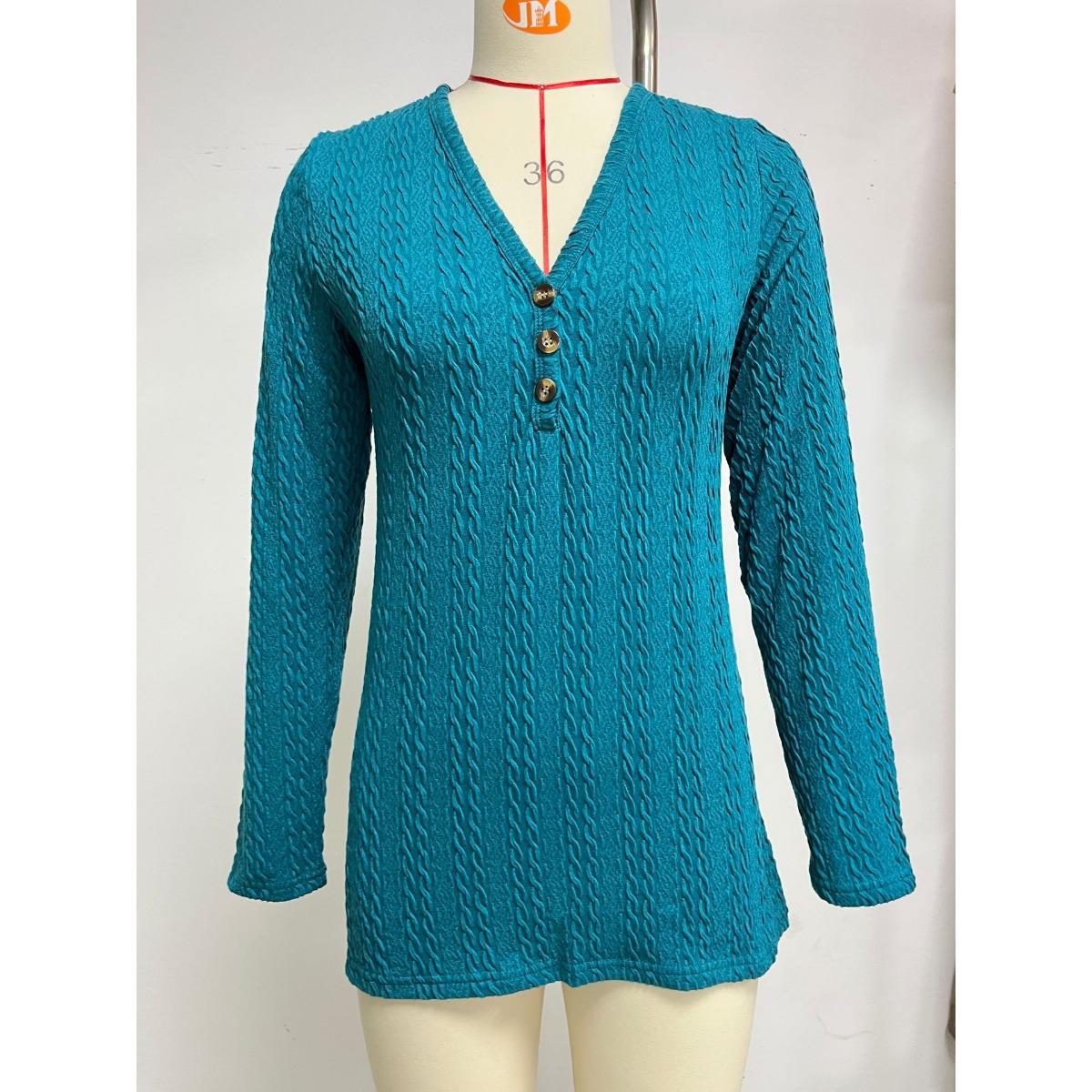

Women s Solid Color V-neck Buttoned Loose Long Sleeve T-shirt Top, Autumn Winter Casual Tops for European American Cross-border Trade XXL