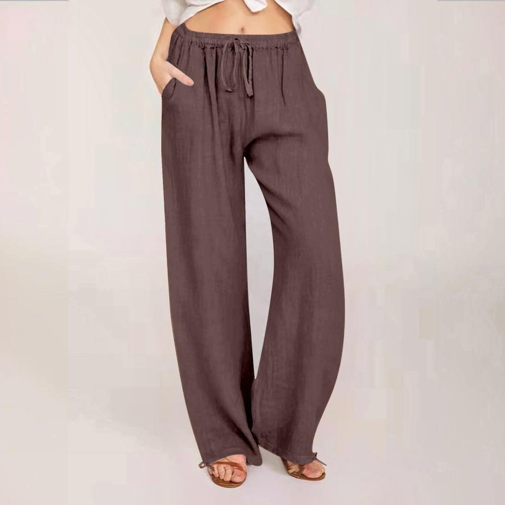 Damen 9-Hosen Lässige, lockere, hohe Taille, Baumwoll-Leinen, lange Hosen mit weitem Bein und Taschen