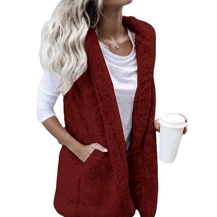 Damen Weste Eleganter Stil Einfarbige Ärmellose Fleeceweste mit Kapuze Mittellange Weste mit Taschen Herbst Winter Übergröße