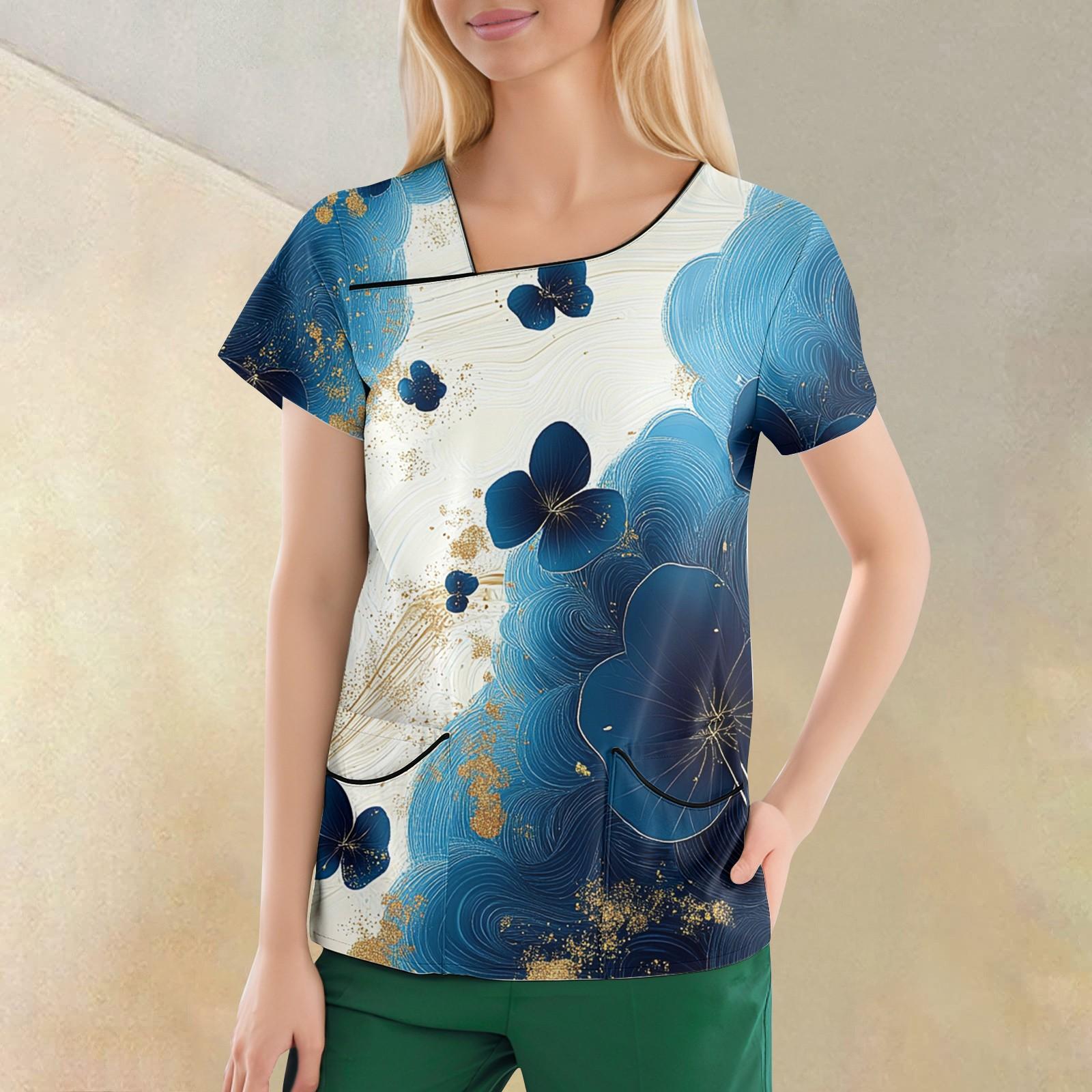 

Женская повседневная рабочая одежда с короткими рукавами и наклонным воротником с принтом и двойными карманами S