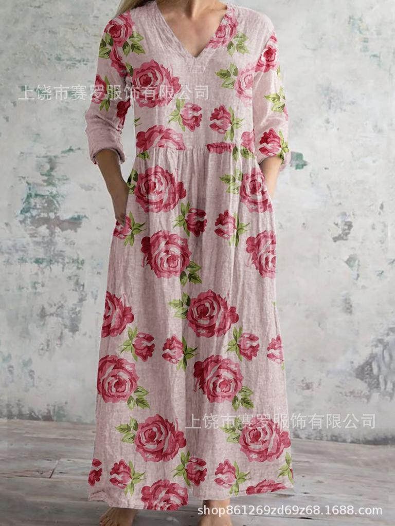 Damen Langarm V-Ausschnitt Maxi Kleid mit Streifenmuster, Knöchellanges Fließendes Kleid, Lässig Elegantes Kleid