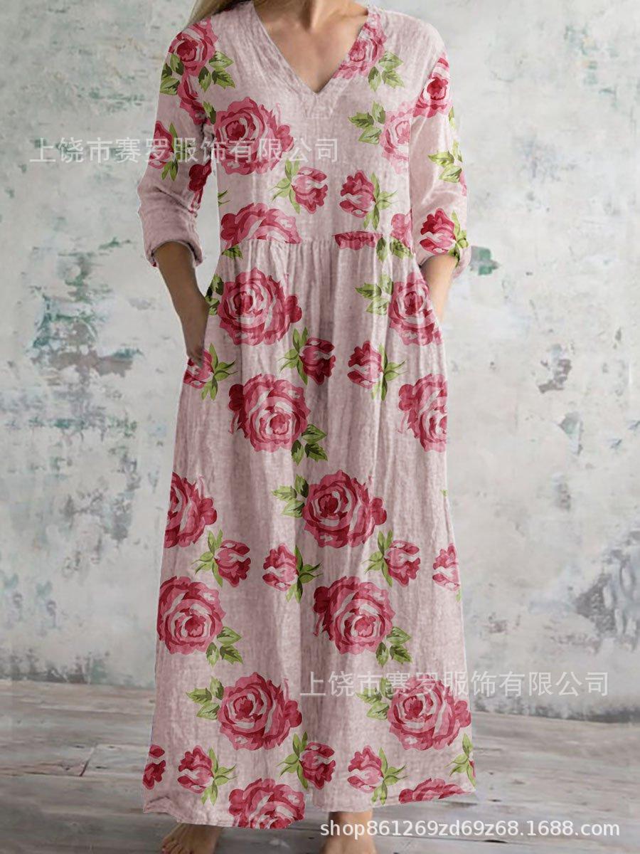 

Жіноча максі-сукня з довгим рукавом і V-подібним вирізом, з смугастим візерунком, довжиною до щиколотки, плавна сукня, повсякденна елегантна сукня XXL