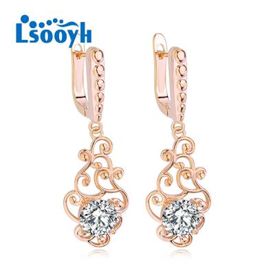 LSOOYH Clip Earrings Rose Gold Color Fashion Earring For Women Cubic Zirconia Hollow Hoop Long Drop Earrings Jewelry
