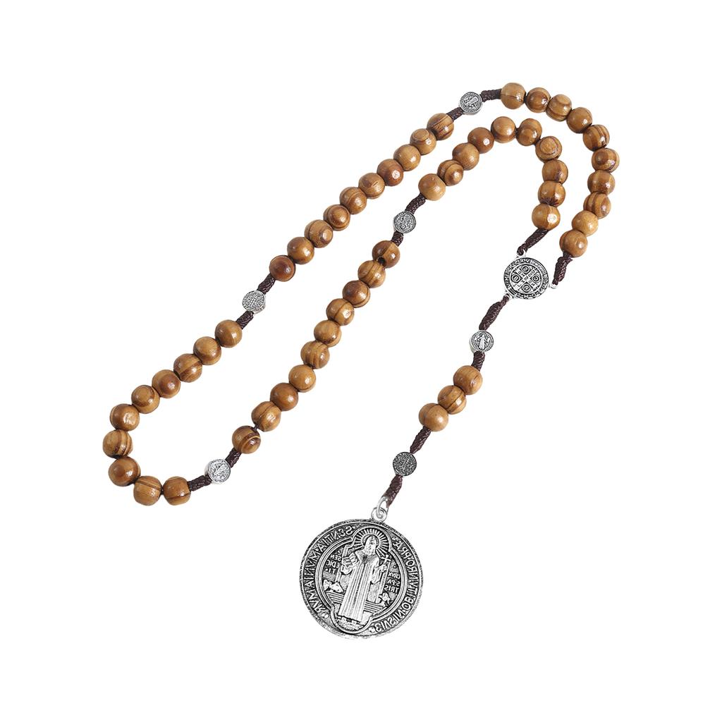 Rosario a Catena con Perline di Legno Intrecciato con Crocifisso del Perdono Croci Medaglie Pendente Regalo Religioso Cristiano per la Comunione