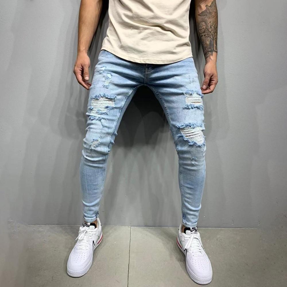 Direct Sales Trendy Washed Jeans Men S Ripped Street Ruffian Handsome Trousers XS светло-синий
