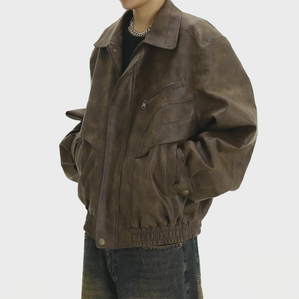 Men's Trendy Retro Brown Distressed Leather Jacket - Cool Design, Casual Lapel, Perfect for Couples