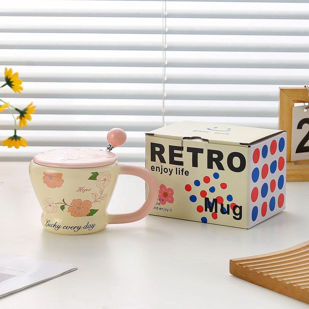 Pastoral Style Floral Ceramic Cup with Lid Spoon Mug Holiday Gift Cup Home Coffee Cup Souvenir Cup