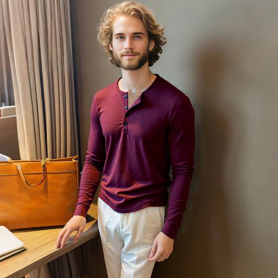 

Men T-shirt Buttons Half Placket Long Sleeve Lightweight Tee Shirt Solid Color Loose Fit S вина червоного кольору