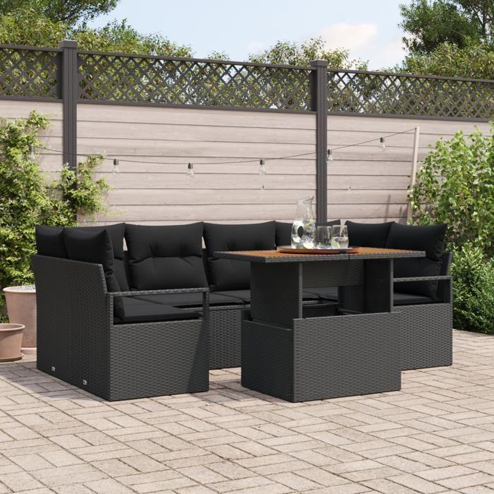 VidaXL Ensemble de Canapés de Jardin 7 Pièces avec Coussins Noir Rattan Poly Acacia 3349666