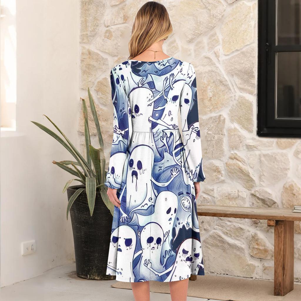 Women's Fashionable Loose Halloween Printed Round-neck Dress