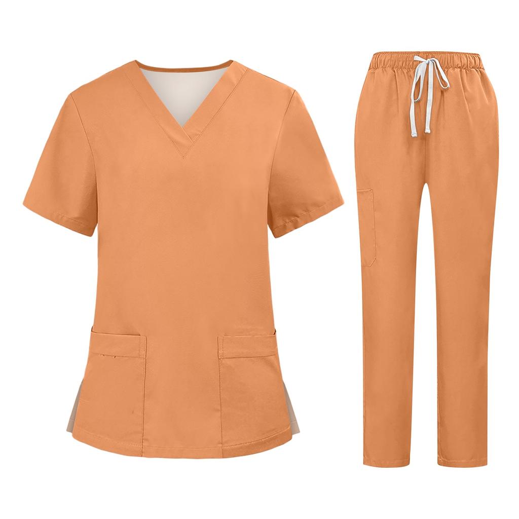 Soild Scrub Arbeitsuniform Anzug für Damen Kreuz V-Ausschnitt Kurzarm Fun T-Shirts Arbeitskleidung T-Shirt mit Taschen