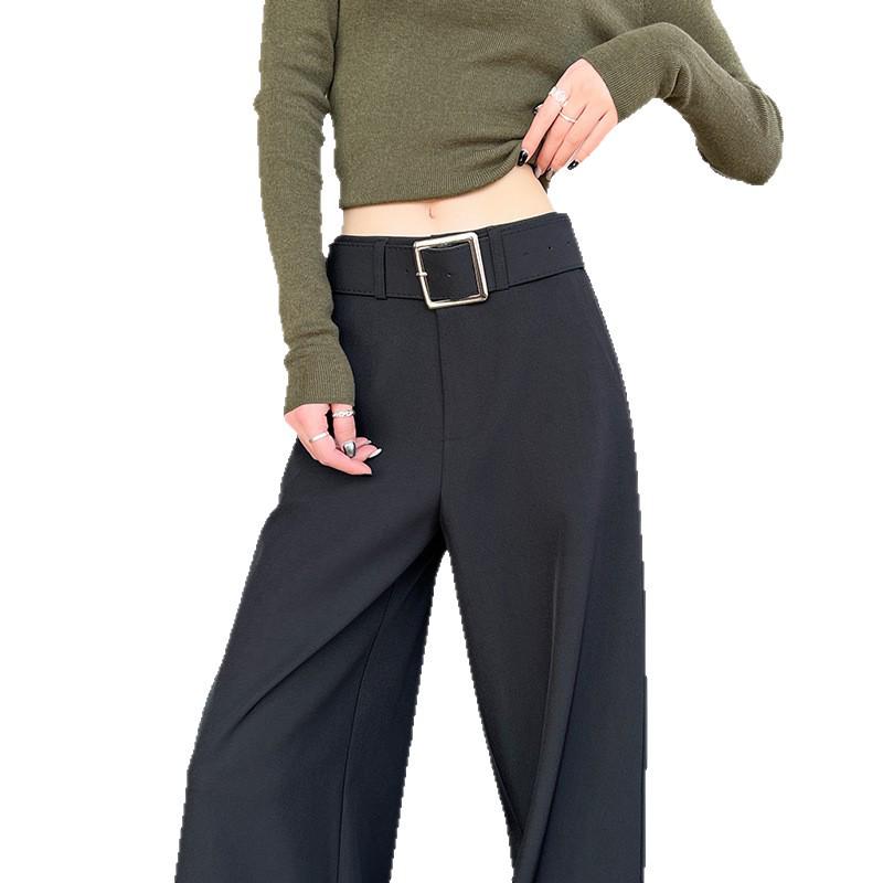 Women's Retro Minimalist Wide-Leg Khaki Suit Pants with Old Money Style Leather Belt