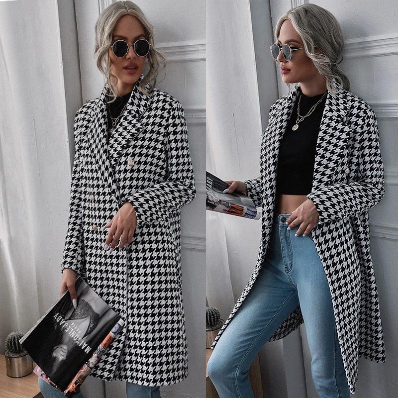 1792# Autumn/Winter Houndstooth Long Wool Coat