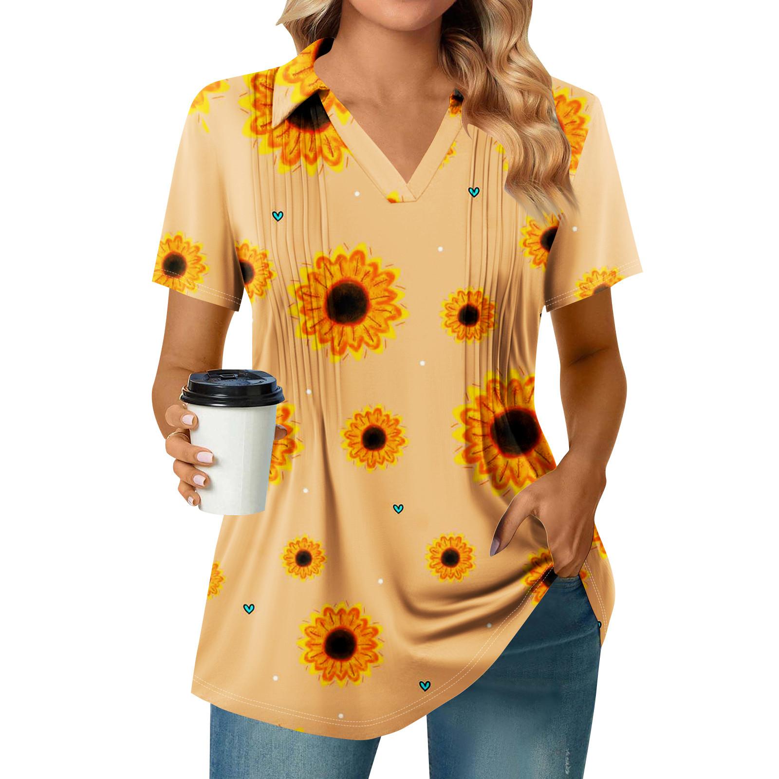 

Женская плиссированная футболка с V-образным вырезом и короткими рукавами с принтом подсолнухов, повседневная деловая рубашка S оранжевый