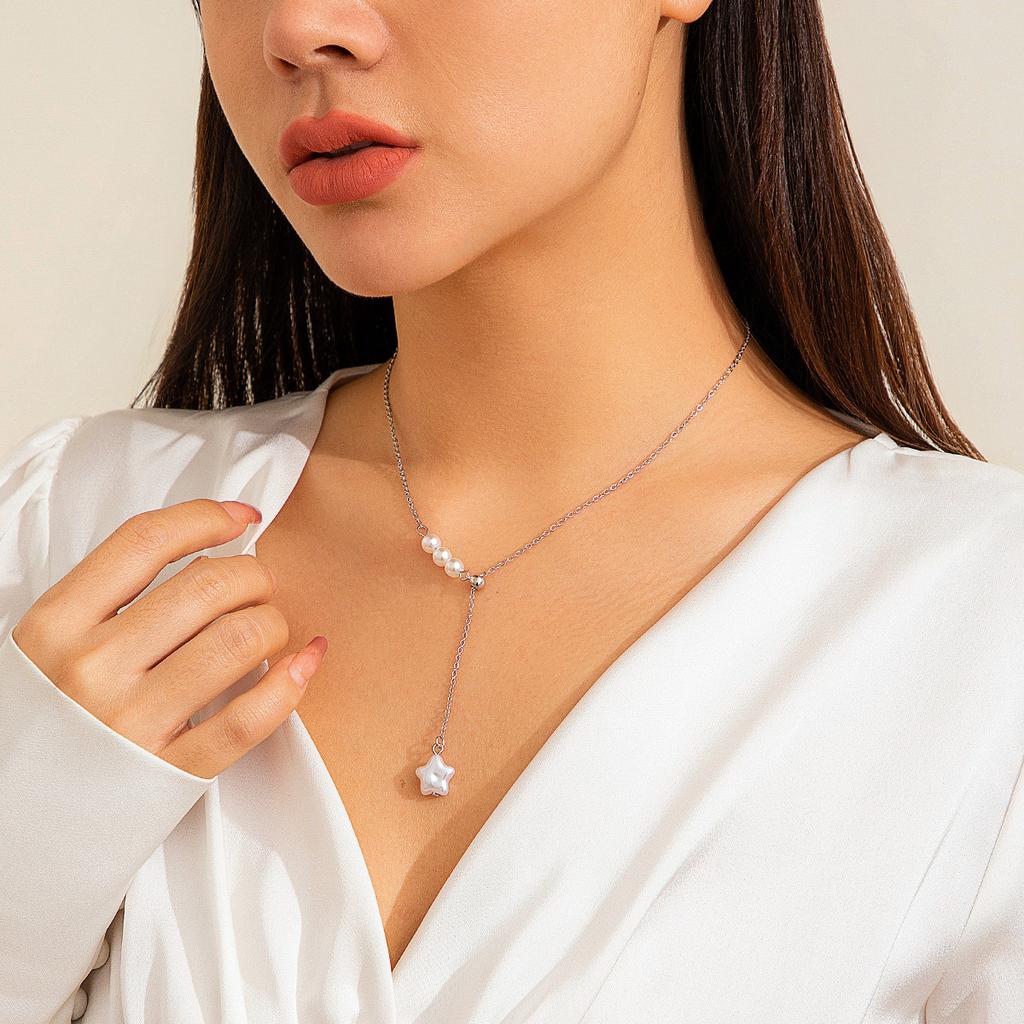 Cold Wind Design Pullable Necklace Necklace Pentagram Pearl Fringed Chain