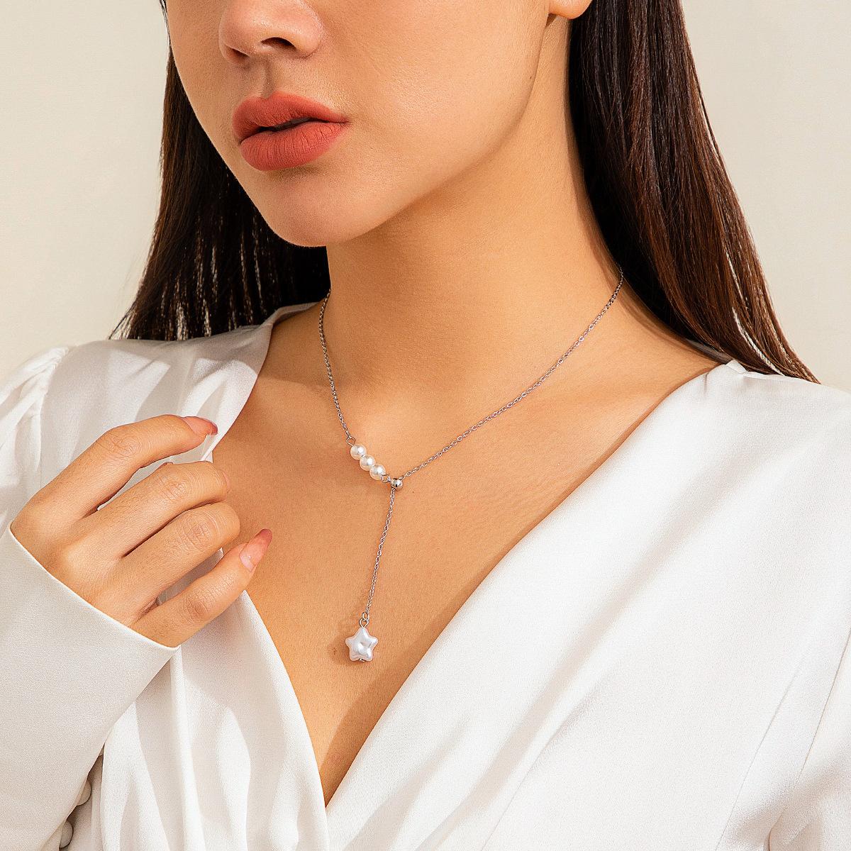 

Cold wind design pullable necklace necklace pentagram pearl fringed chain срібний
