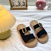 Soft leather retro one-word slippers women's summer 2025 new flat-soled women's shoes soft-soled women's belt buckle beach shoes