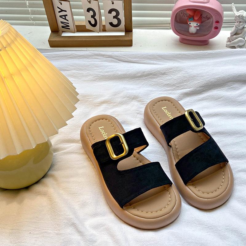 Soft leather retro one-word slippers women's summer 2025 new flat-soled women's shoes soft-soled women's belt buckle beach shoes