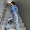 Lapel Zipper T-shirt Spring Autumn V-neck Long-sleeved Niche Design Slim Bottoming T-shirt POLO Collar One-piece Top