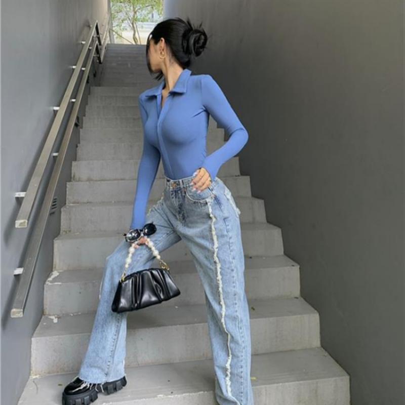 Lapel Zipper T-shirt Spring Autumn V-neck Long-sleeved Niche Design Slim Bottoming T-shirt POLO Collar One-piece Top