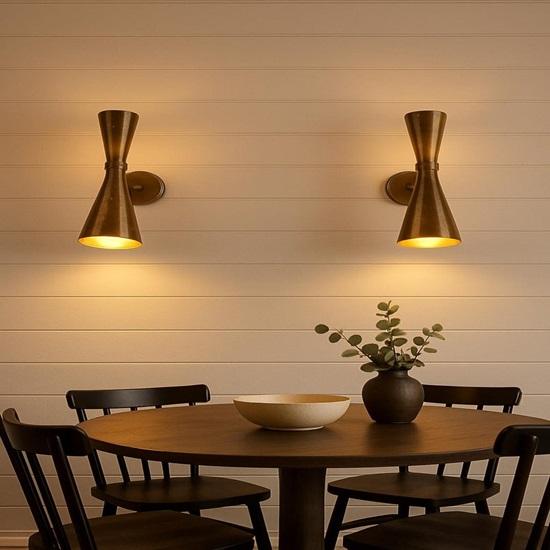 Mid-Century Modern Pure Brass Wall Sconce: Double Cone Hourglass Light Heavy Grade