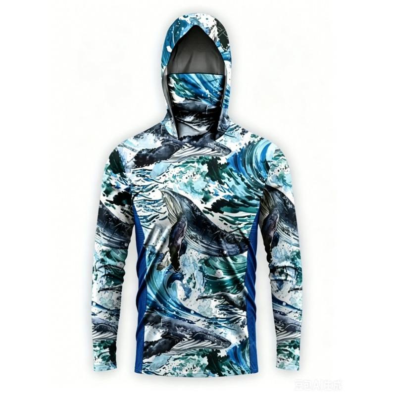 UPF50+ Camo Men Long Sleeve Fishing Hoodie With Face Mask Lightweight Breathable Quick Dry Outdoor Fishing Jersey