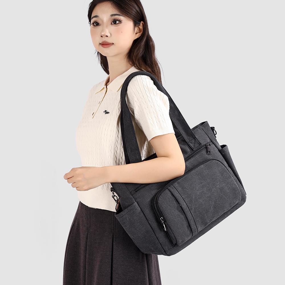 Bolsa Tote de Lona Color Sólida com Múltiplos Bolsos de Grande Capacidade Bolsa de Ombro Feminina Vintage para o Dia a Dia Bolsa Transversal