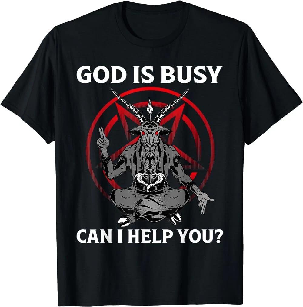 Men's and Women's T-shirts Mens God Is Busy Can I Help You Baphomet Occult Pentagram Satanic T-Shirt