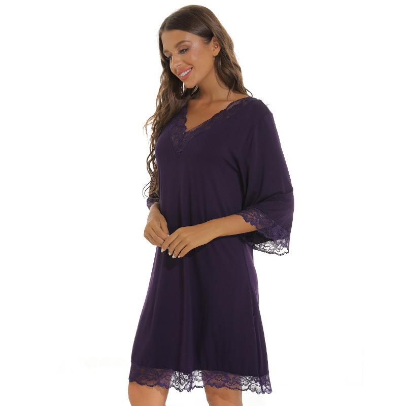 

Кружевные сексуальные пижамы с V-образным вырезом для дома для женщин, большого размера, свободные, с рукавом три четверти, ночные сорочки XXL фиолетовый