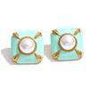 Yhpup Multi-Color Enamel Simulated Pearls Square Stud Earrings Stainless Steel Daily Wear Fashion Spring Jewelry Waterproof Gift
