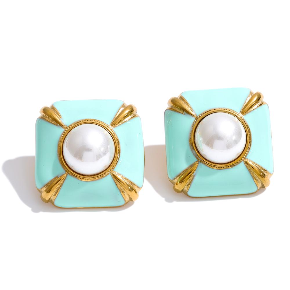 Yhpup Multi-Color Enamel Simulated Pearls Square Stud Earrings Stainless Steel Daily Wear Fashion Spring Jewelry Waterproof Gift