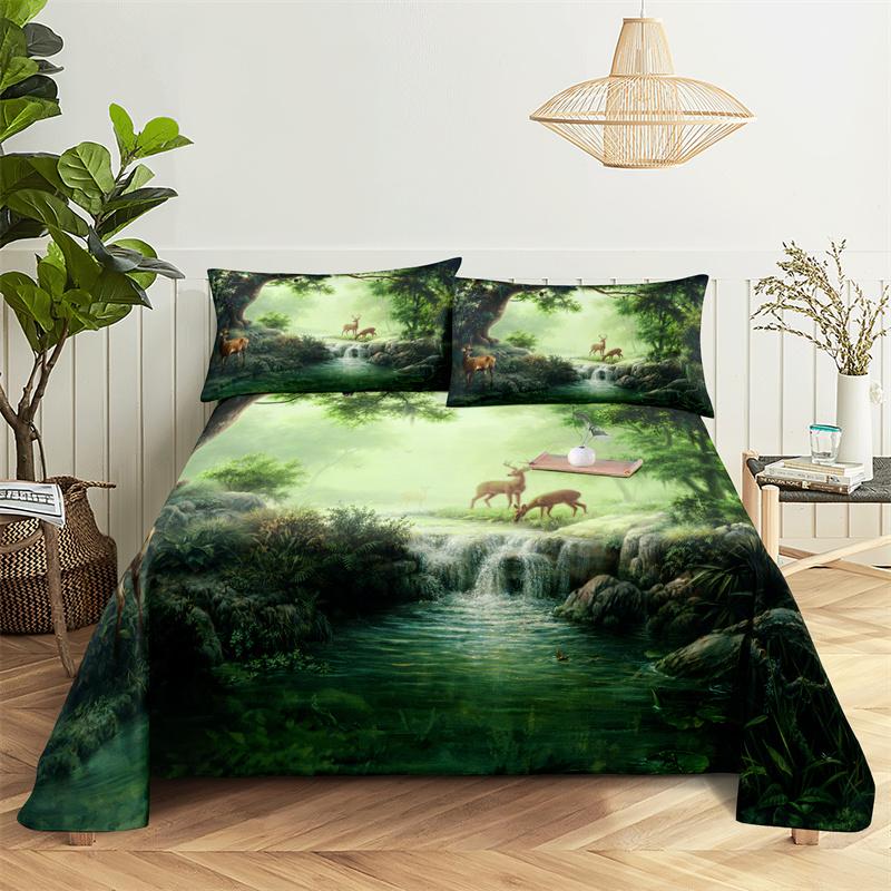 Bedding Sets Green Forest Print Bed Sheet Fashion Design Double Flat Sheet Boys Girls Bed Sheet Set Bed Sheets and Pillowcases