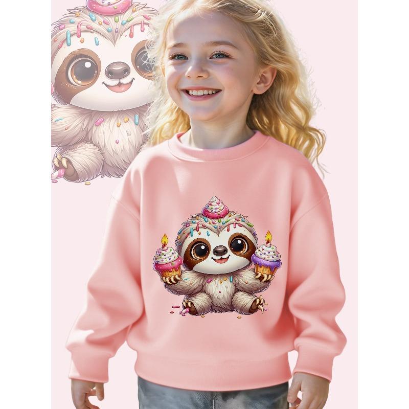European Sizes Kids"Cuddly Sloth Celebration"Print Long Sleeve Crewneck Sweatshirt - Soft Casual Pullover Top with Cute Graphic Print