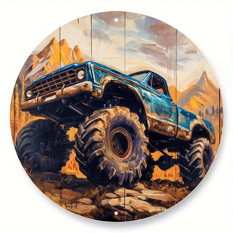 Old Style Trucks Theme Round Metal Aluminum Sign Art Desktop Decorative Plates for Bar Garage Club Yard Home Office Wall Decor