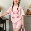 Girls Fashionable Shorts Set with Cat Paw Print Pattern Summer Outdoor Casual Short Sleeved Shorts Set Perfect for Outdoor