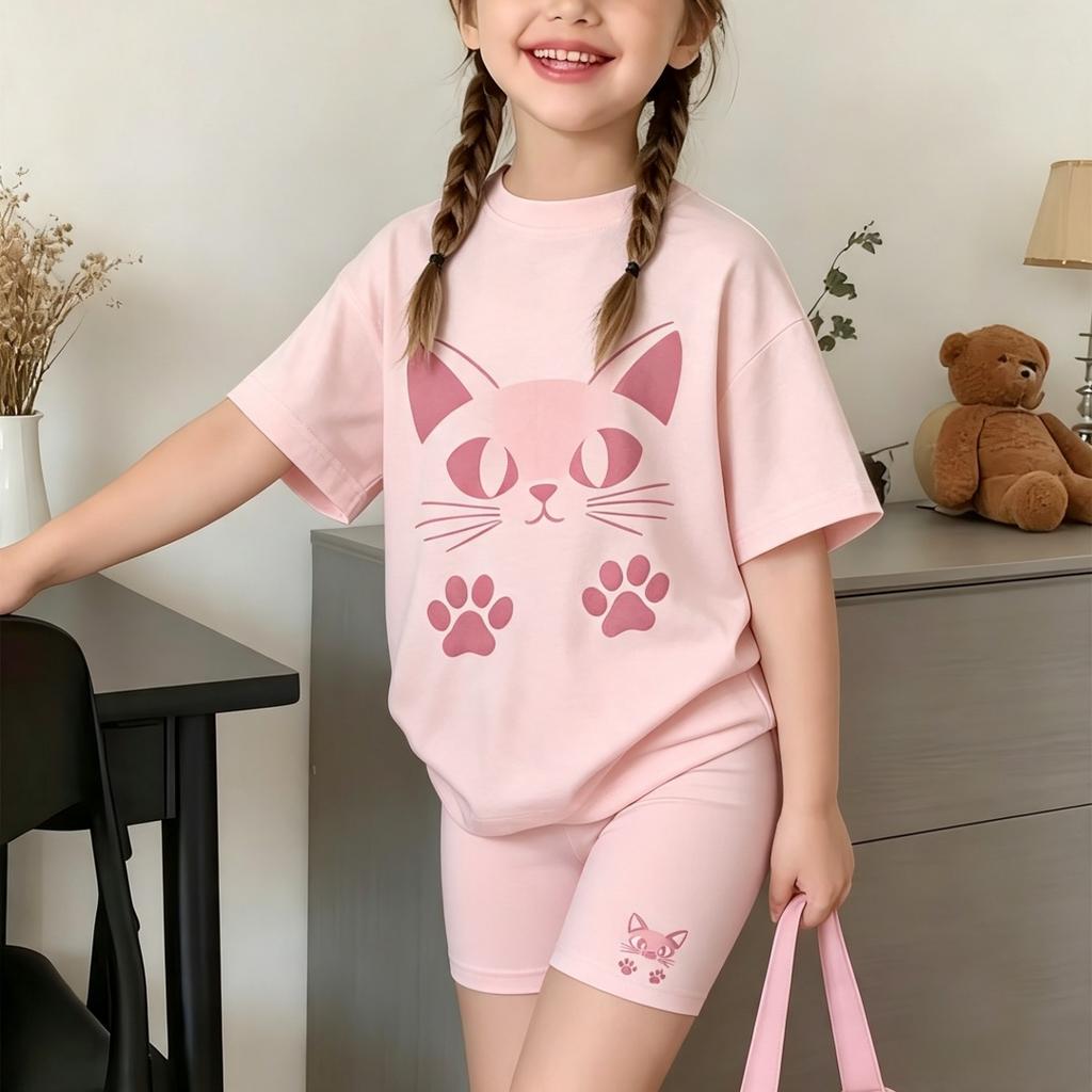 Girls Fashionable Shorts Set with Cat Paw Print Pattern Summer Outdoor Casual Short Sleeved Shorts Set Perfect for Outdoor