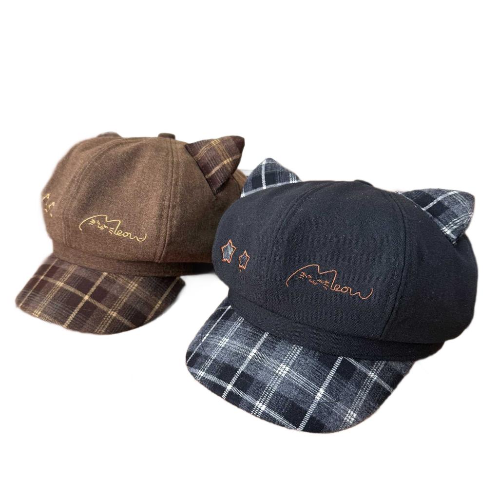 Sweet and Cool Girl Cat Ears Embroidered Octagonal Hat Newsboy Hat Plaid Splicing Brim Autumn and Winter Warm Beret Wholesale