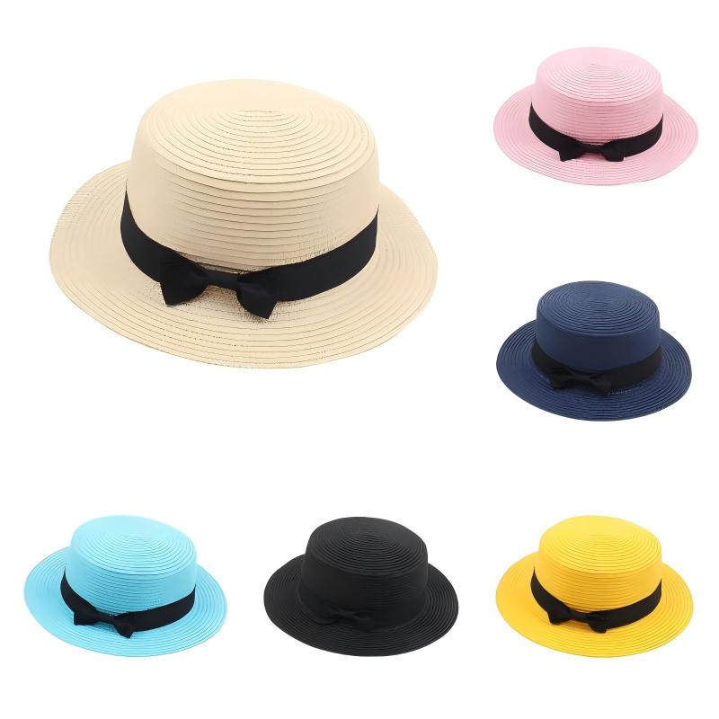 Women's British-Style Summer Hat Simple Small-Brimmed Straw Hat Korean-Style Bow-Knot Flat-Top Sun Hat Popular Women's Straw Hat