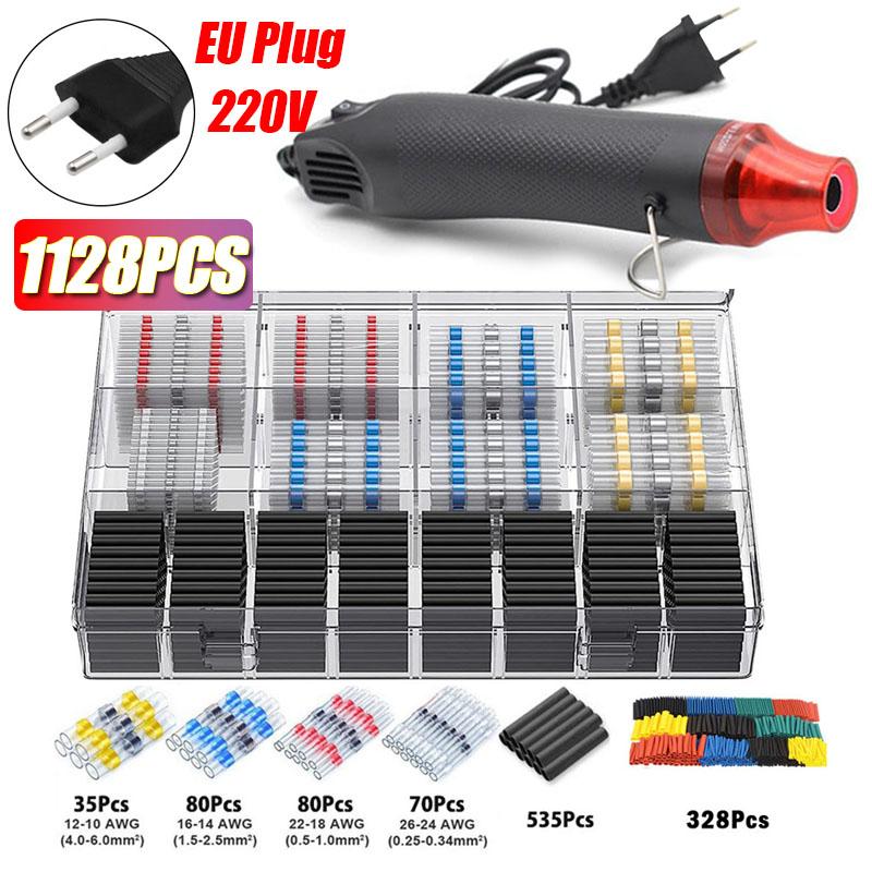 1128PCS Waterproof Heat Shrink Butt Crimp Terminals Solder Seal Electrical Wire Cable Splice Terminal Kit with Heater