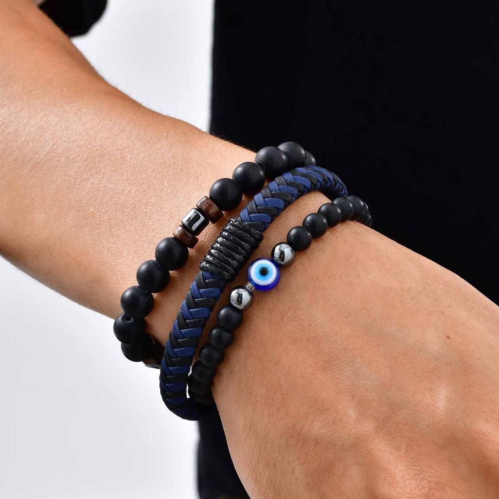 3pcs Devid Eye Beaded Bracelet for Men,Black Color Layers Leather Wristband,Birthday Anniversary Gift