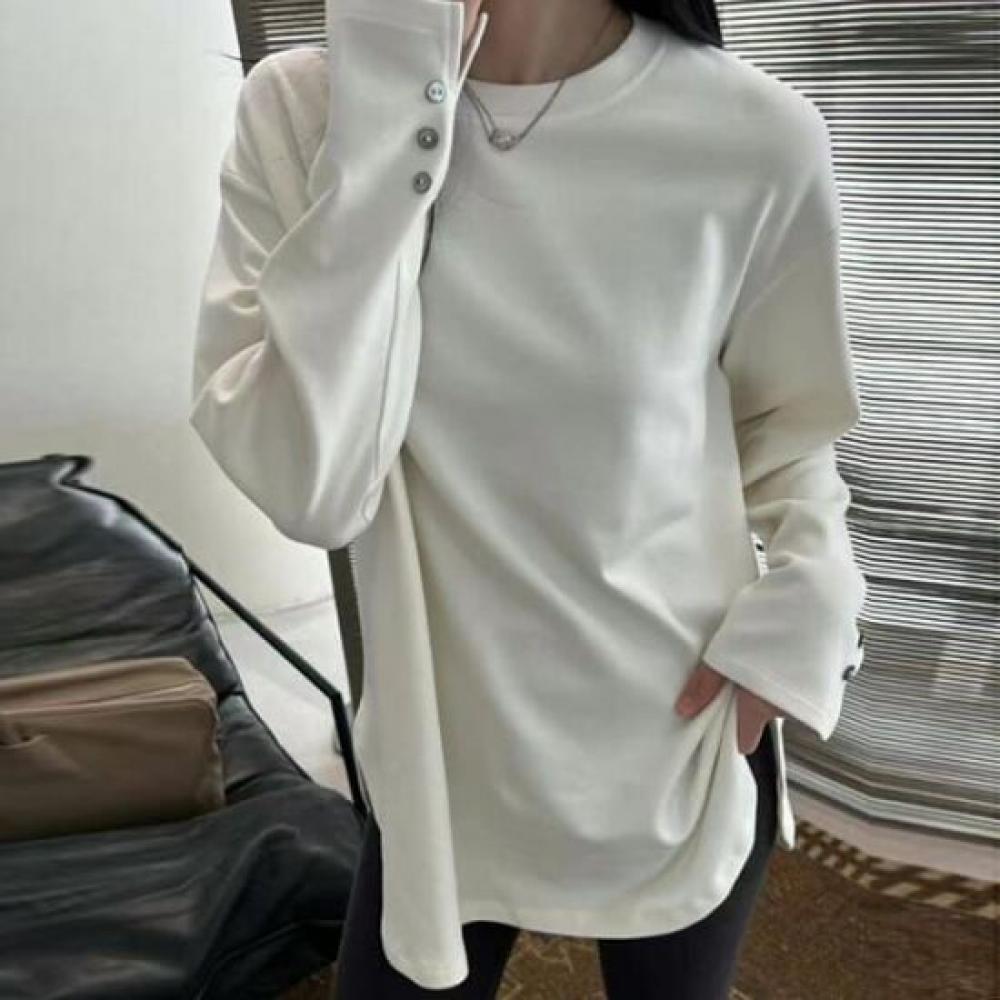 Navava NT2150 Simple BuTTon PoinT Long Sleeve Round Neck T shirT