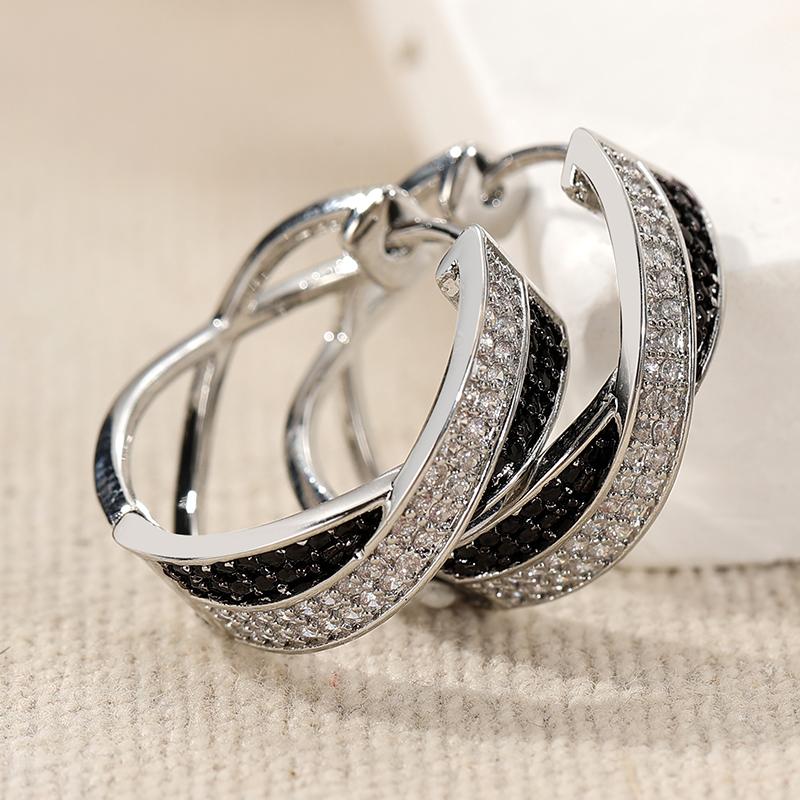 Black/clear Synthetic Zirconia Inlaid Twist Shaped Hoop Earrings for Women Concise Banquet Festival Jewelry Accessories