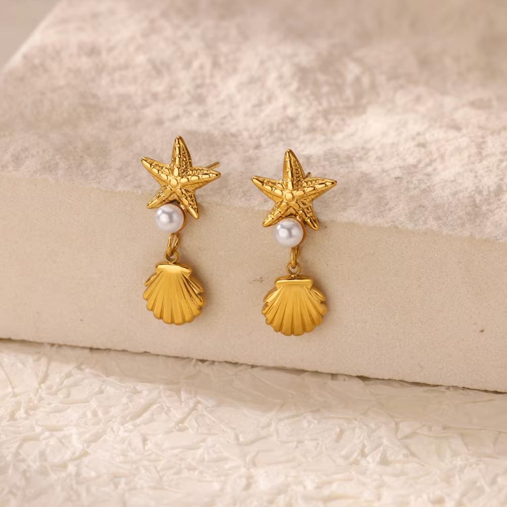 Dainty Hanging Shell Pearl Starfish Stud Earrings For Women Elegant Gold Color Stainless Steel Drop Earrings Jewelry Party 2025