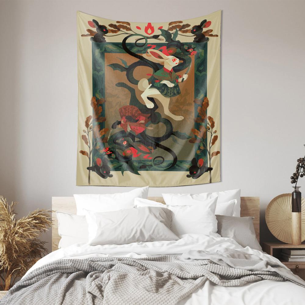 Mysterious Oriental Style Tapestry Rabbit Snake Intertwined Art Pattern Essential Home Decor