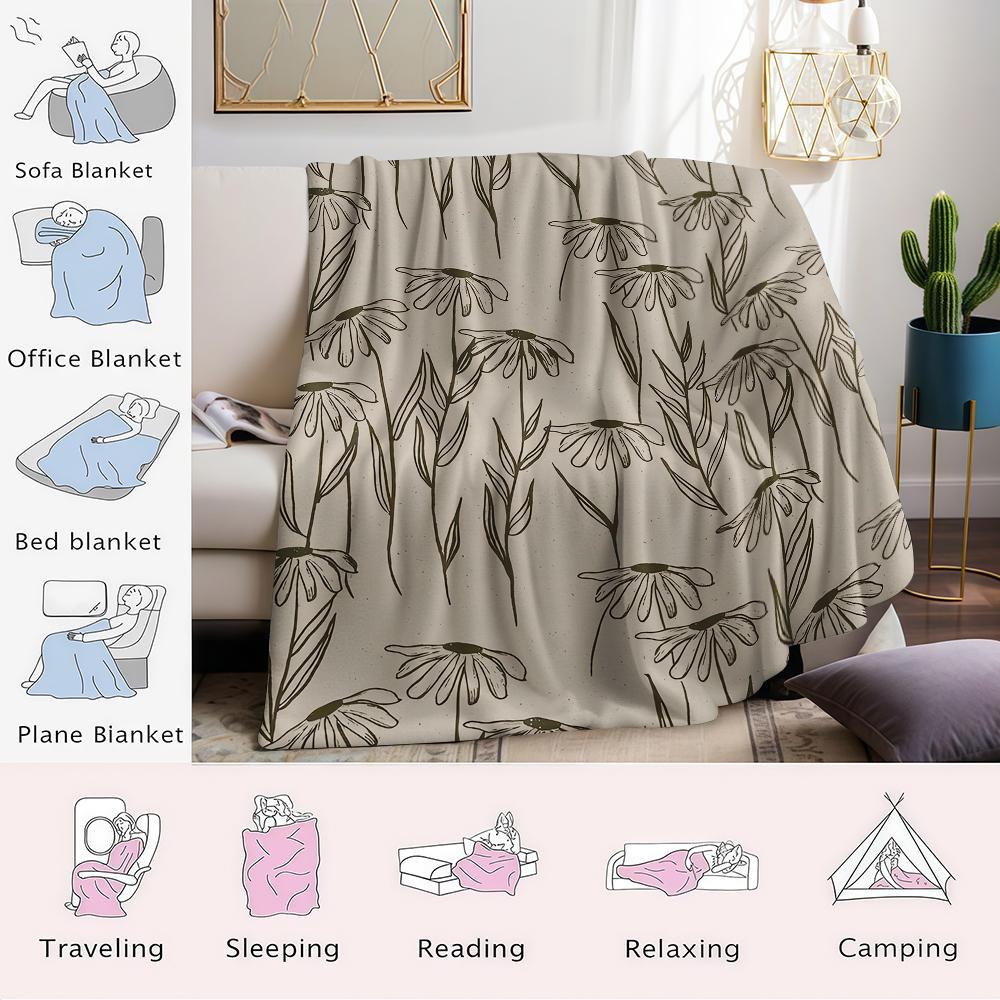 Minimalist Daisy Sketch Flannel Blanket Warm Soft Halloween Christmas Couch Warm Cozy Decorative Decor Gift for All Season