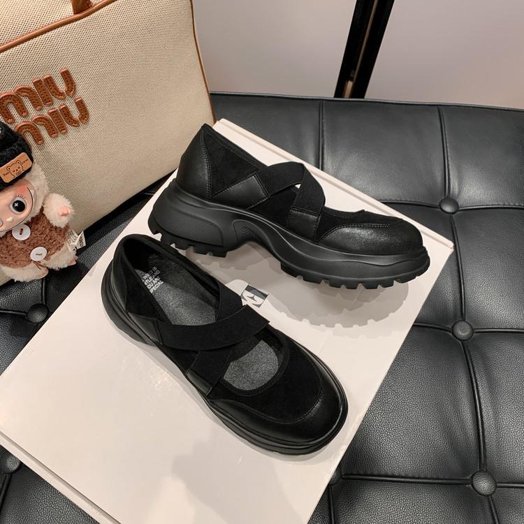 

Спортивный балет! 2025 новые туфли Мэри Джейн из овчины, на небольшой толстой подошве, с мелким вырезом, одинарные туфли на липучке, папины туфли 40 чёрный