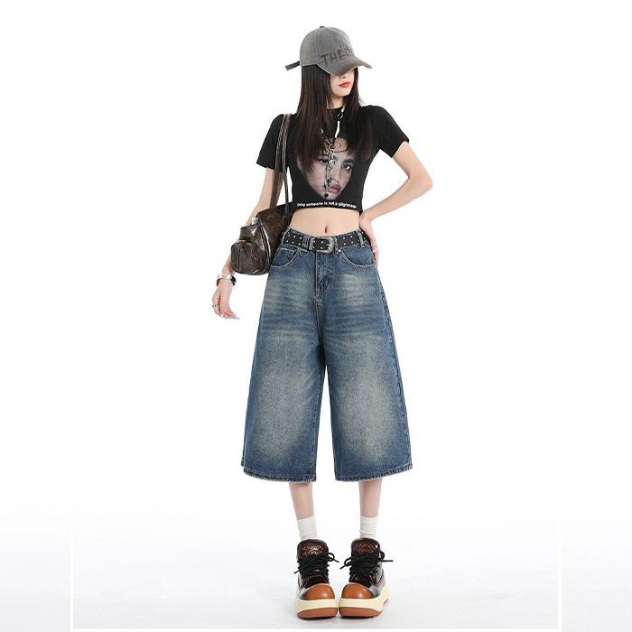 Gedijie Cat Beard Craft Wash Loose Cowboy Mid Pants for Women's New Wide Leg Seven Leg Pants