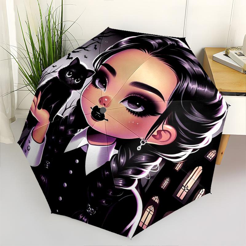 1pc Dark Elegance Addams Pattern Automatic Cartoon Umbrella Is Fashionable and Good-Looking, Suitable for Travel and Daily Use.I027