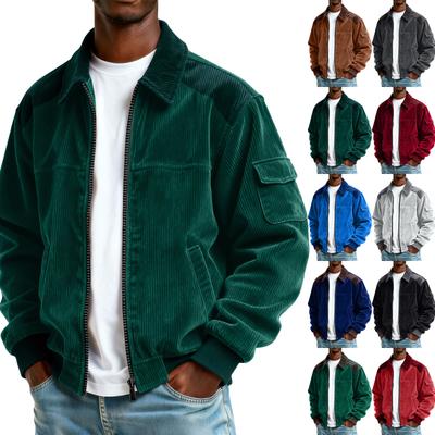 Jaqueta masculina de veludo cotelê com bolso e zíper, tamanho grande, estilo casual esportivo.